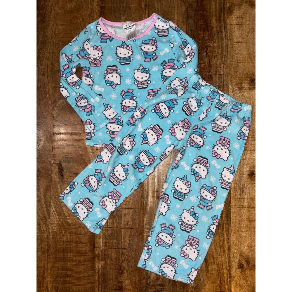 Hello Kitty Sanrio Girls Blue Fleece Pajama Set Winter Ice Skating Size 4